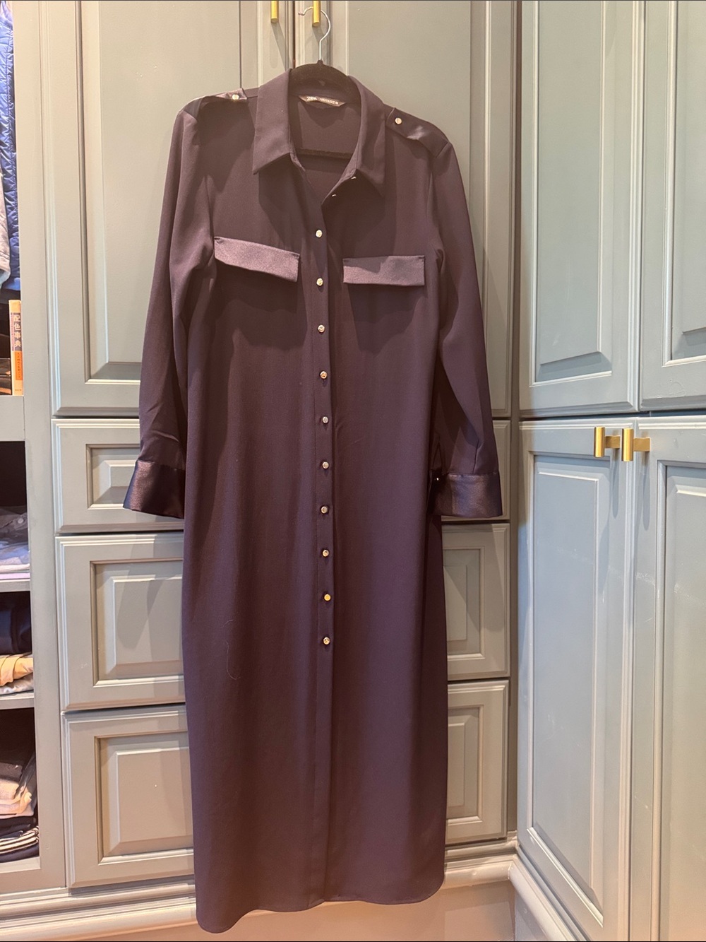 Zara Long Navy Button-Front Shirt Dress